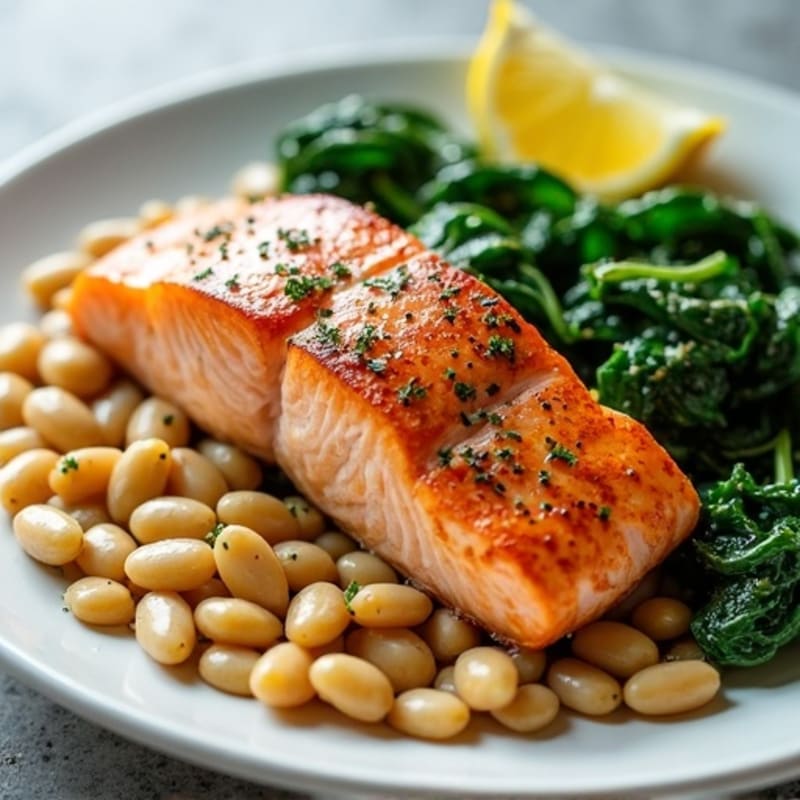 Seared Salmon with Garlic Spinach and White Beans
