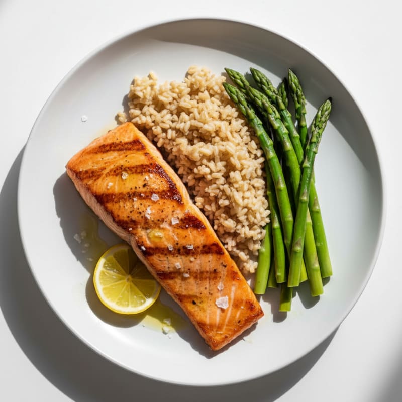Seared Salmon with Steamed Asparagus and Brown Rice