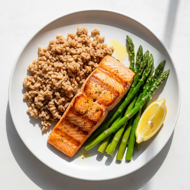 Seared Salmon Fillet with Steamed Asparagus and Brown Rice