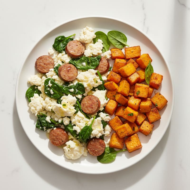 Egg White and Turkey Sausage Scramble with Spinach and Roasted Sweet Potatoes