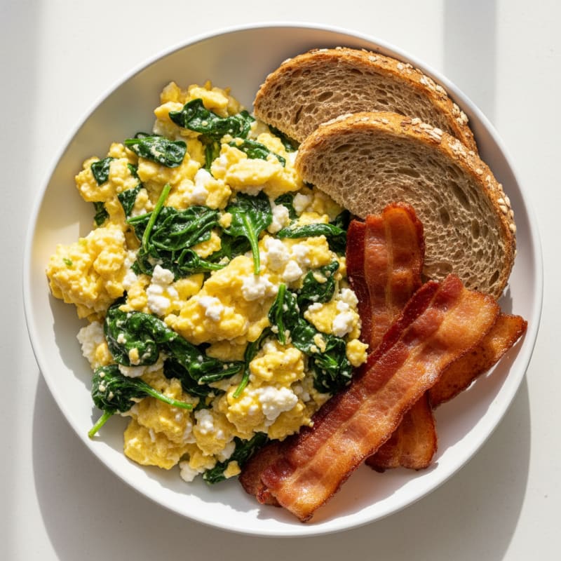 Cottage Cheese Scramble with Spinach and Turkey Bacon