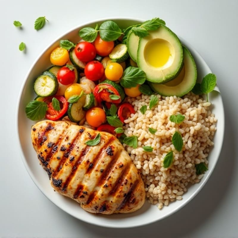 Grilled Chicken Breast with Roasted Vegetables, Brown Rice & Avocado
