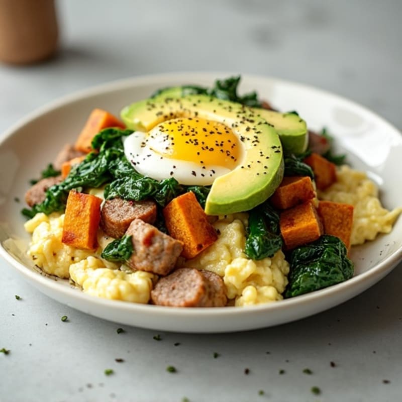 Egg White and Turkey Sausage Scramble with Spinach and Roasted Sweet Potato