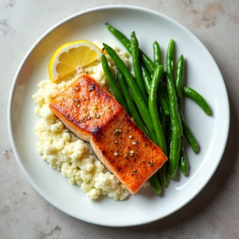 Seared Salmon with Steamed Green Beans and Cauliflower Mash