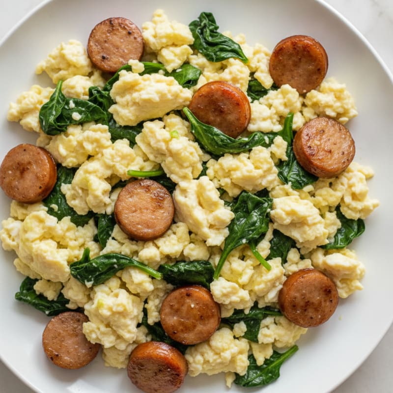 Egg White and Chicken Sausage Scramble with Spinach