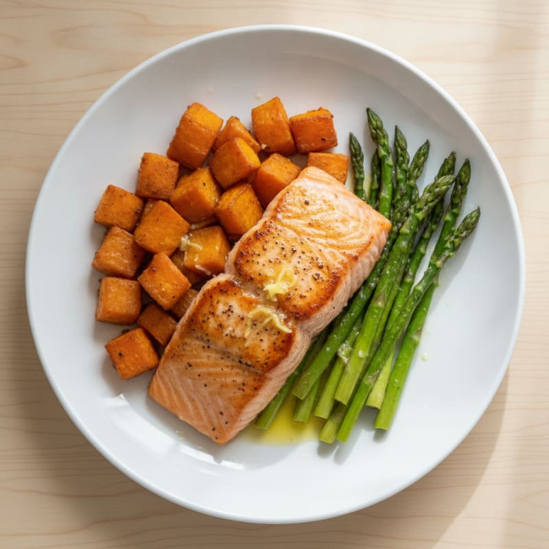 Seared Salmon with Roasted Sweet Potatoes and Asparagus