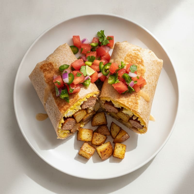 Egg and Turkey Sausage Breakfast Burrito with Pico de Gallo
