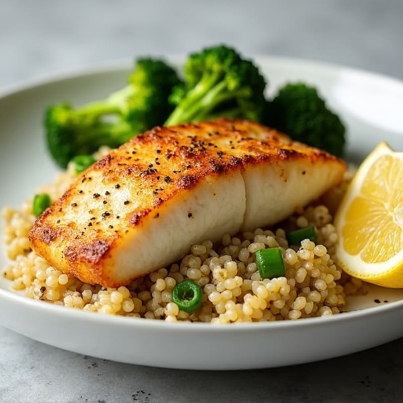Seared Cod with Garlic Roasted Broccoli and Quinoa