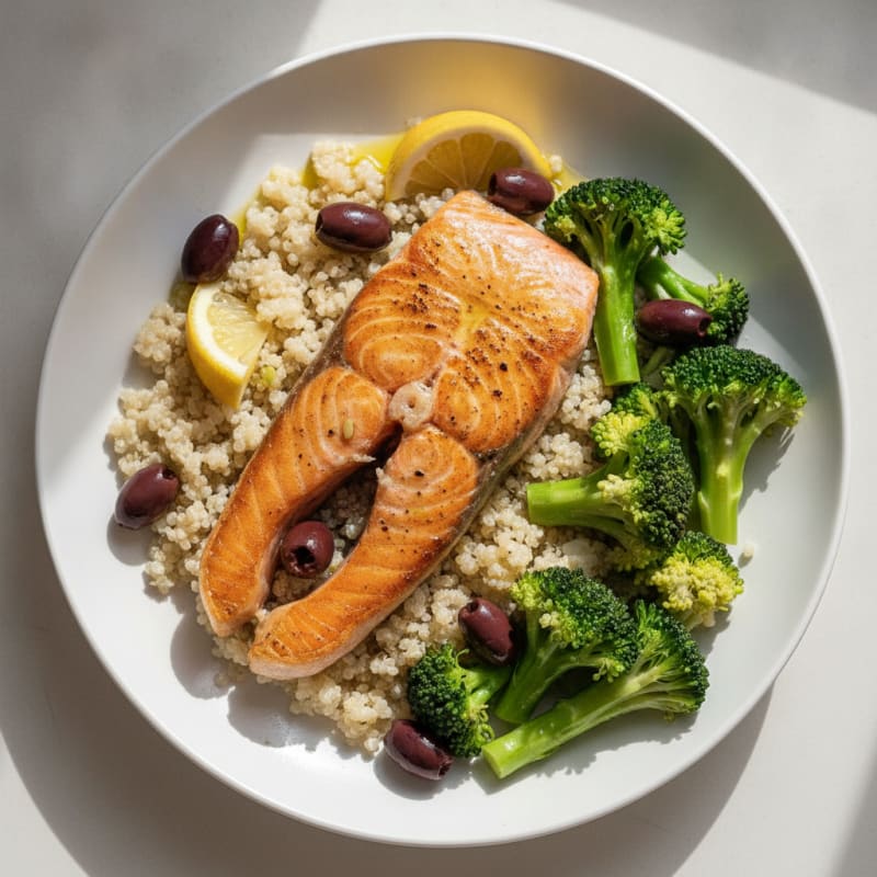 Pan-Seared Salmon with Steamed Broccoli and Quinoa