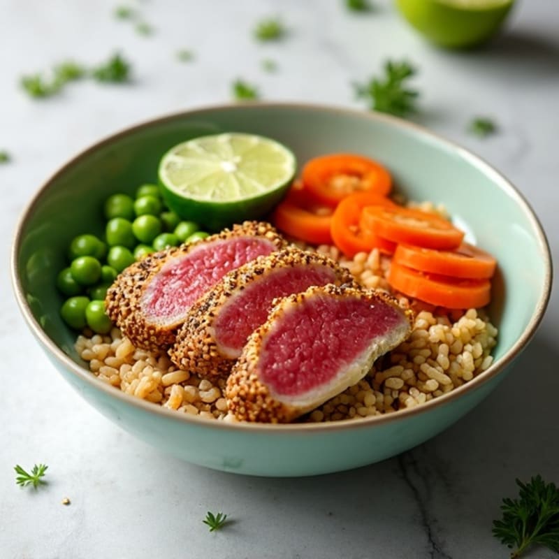 Sesame-Crusted Tuna Rice Bowl with Fresh Vegetables