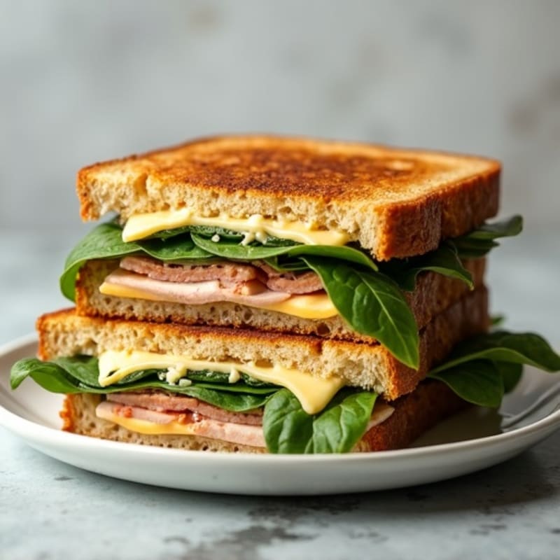 Crispy Whole Grain Triple-Decker Grilled Cheese with Lean Turkey and Fresh Greens