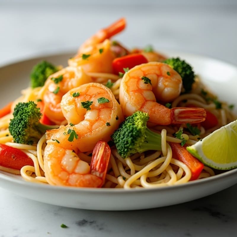 Shrimp Stir-Fry with Peanut-Lime Rice Noodles and Crisp Vegetables