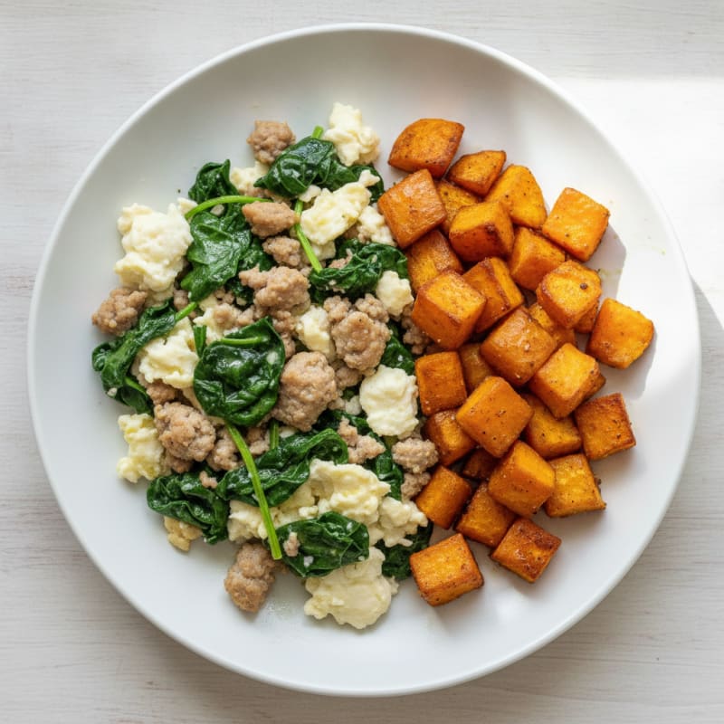 Egg White and Turkey Sausage Scramble with Spinach and Roasted Sweet Potatoes