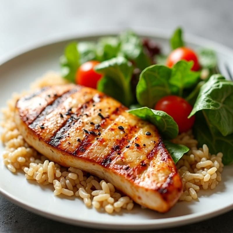 Grilled Chicken Breast with Brown Rice and Mixed Greens Salad