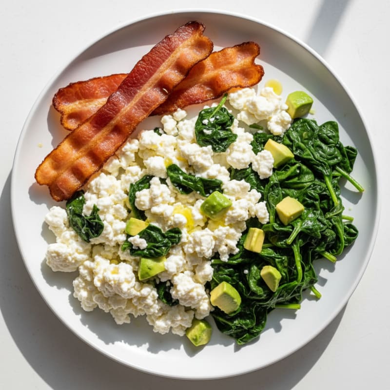 Egg White and Cottage Cheese Scramble with Sautéed Spinach and Turkey Bacon