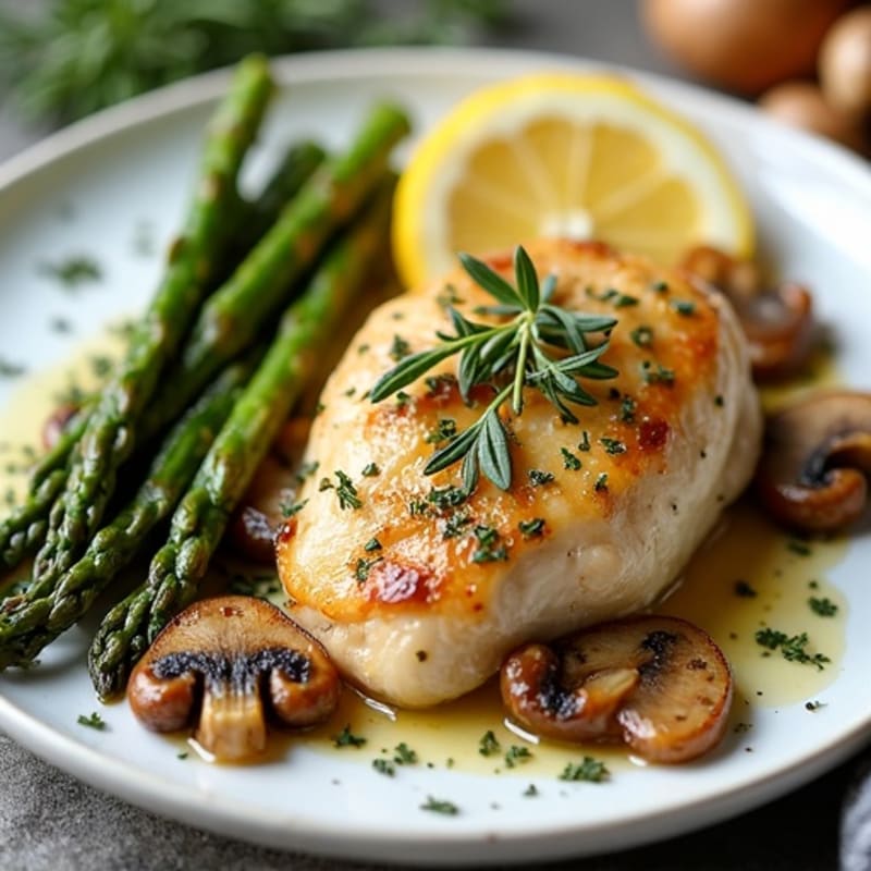 Sheet Pan Lemon Herb Chicken with Roasted Garlic Butter Mushrooms and Asparagus