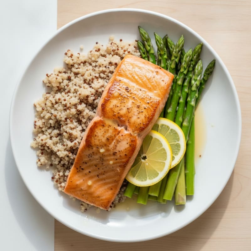 Seared Salmon Fillet with Steamed Asparagus and Quinoa