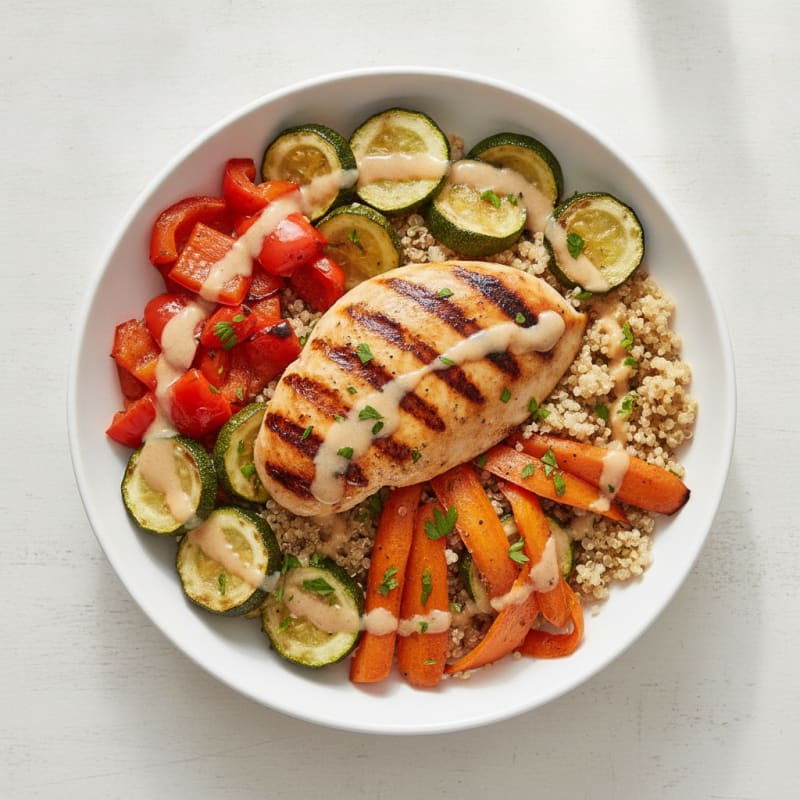Grilled Chicken and Quinoa Rainbow Bowl with Roasted Vegetables