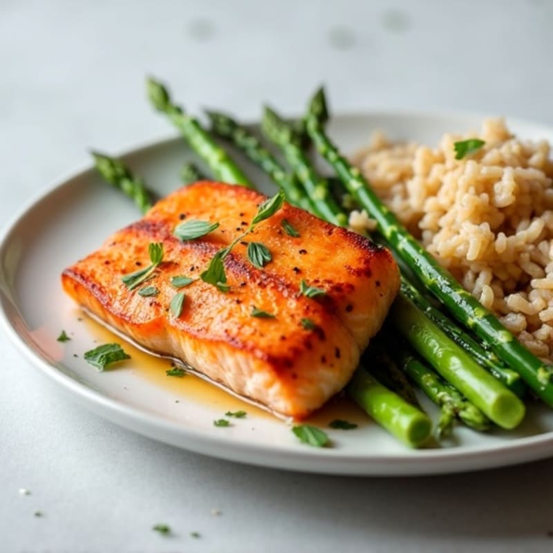 Seared Salmon Fillet with Steamed Asparagus and Brown Rice