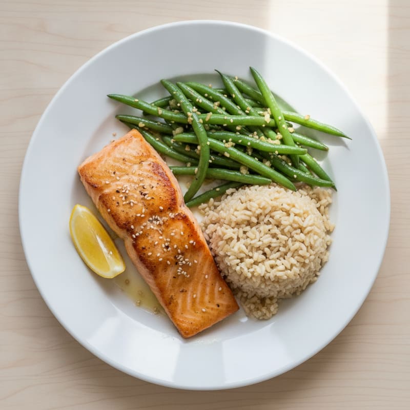 Seared Salmon Fillet with Garlic Green Beans and Brown Rice