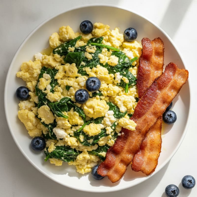 Cottage Cheese Egg Scramble with Spinach and Turkey Bacon