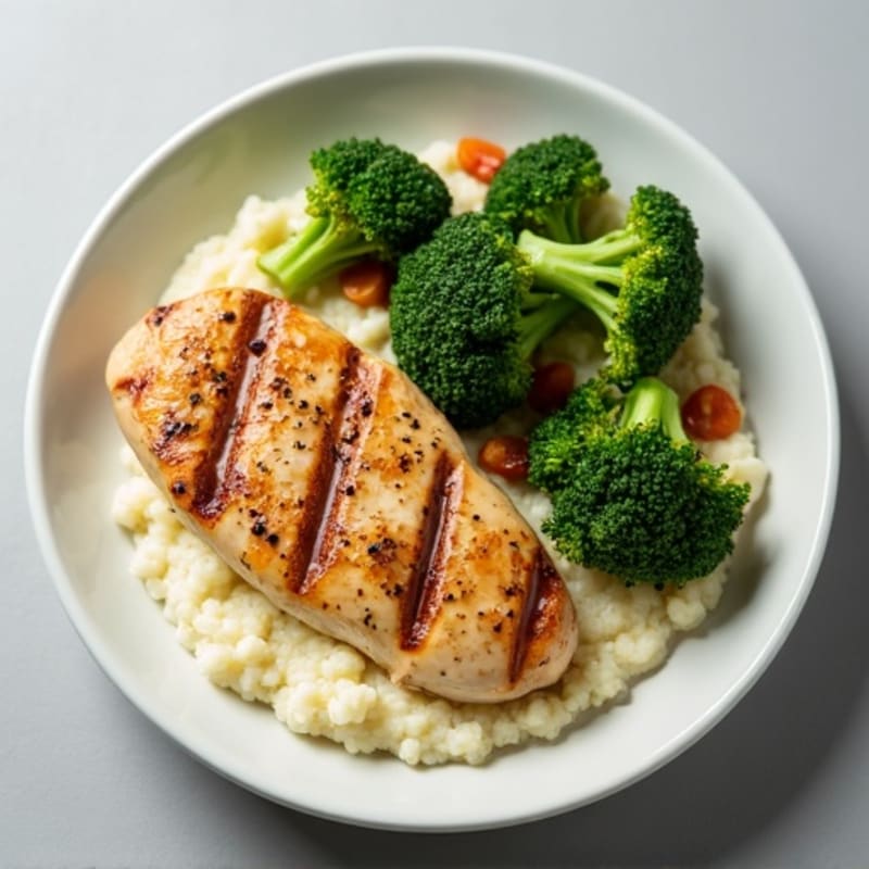 Grilled Chicken Breast with Roasted Broccoli and Cauliflower Mash
