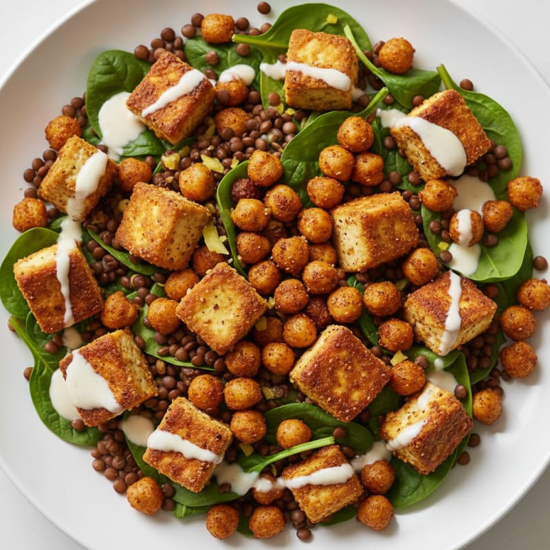 Crispy Tofu and Lentil Salad with Roasted Chickpeas and Spiced Yogurt Dressing