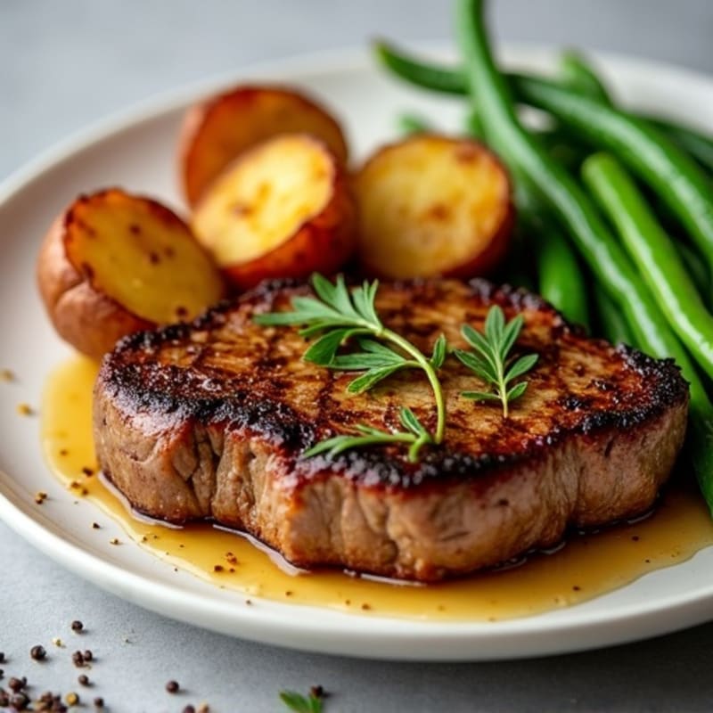 Pan-Seared Garlic Butter Steak with Roasted Crispy Potatoes and Tender Green Beans