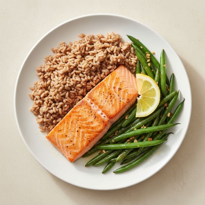 Seared Salmon Fillet with Garlic Green Beans and Brown Rice