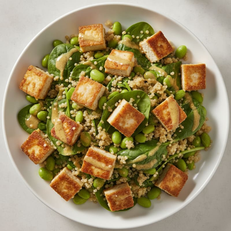 Crispy Tofu and Quinoa Power Salad with Edamame