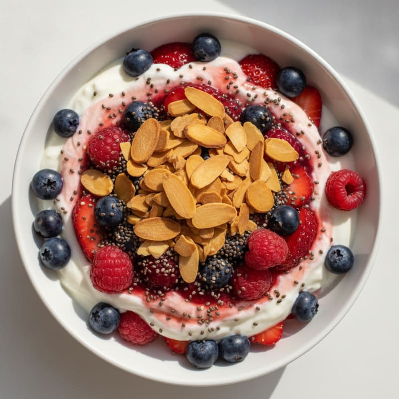 Greek Yogurt Protein Parfait with Mixed Berries and Almonds
