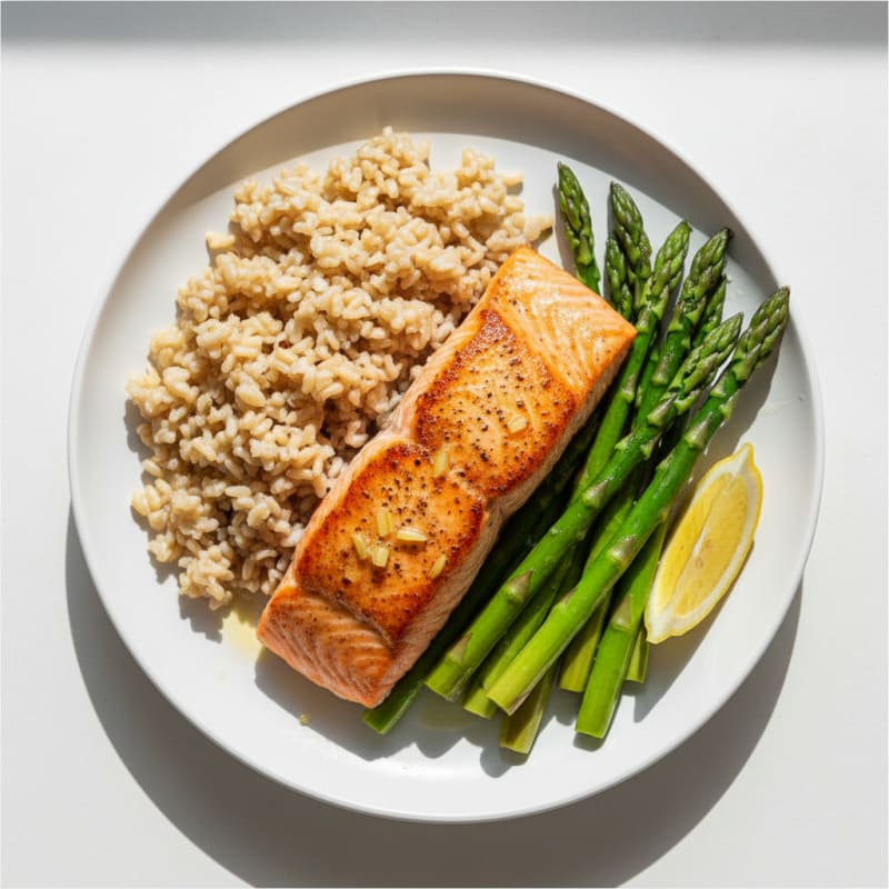 Seared Salmon with Steamed Asparagus and Brown Rice