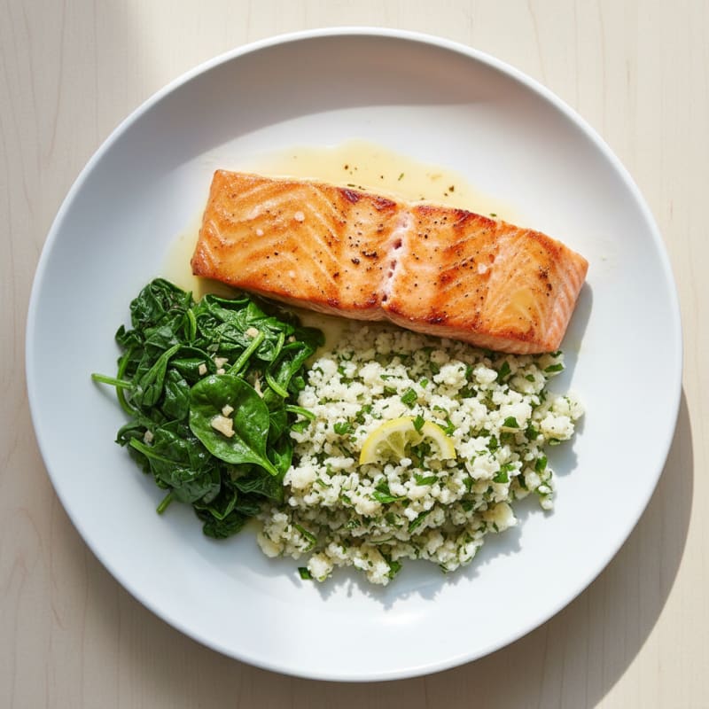 Seared Salmon Fillet with Herbed Cauliflower Rice and Sautéed Spinach