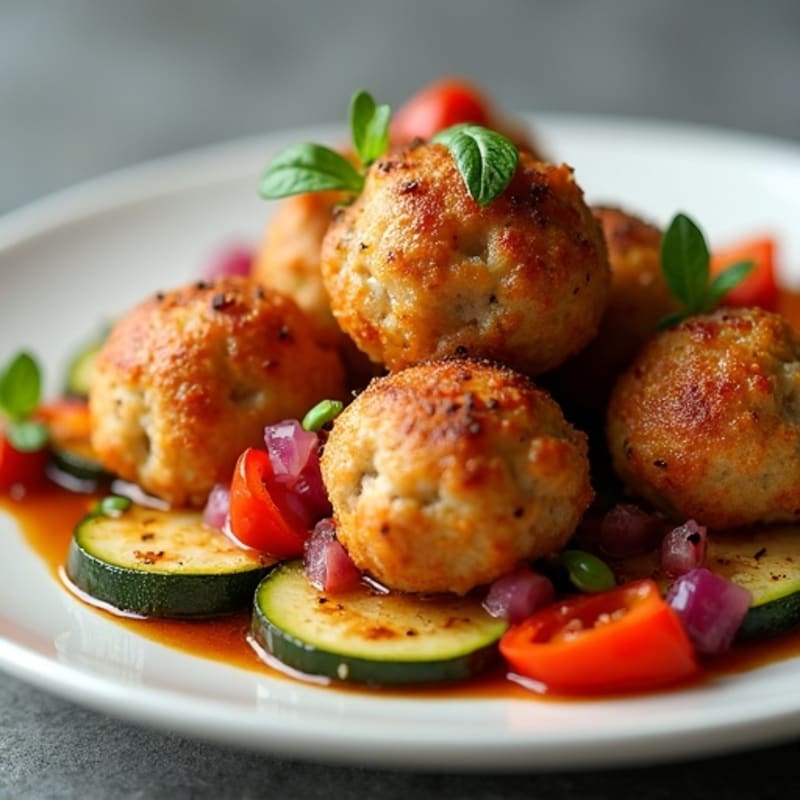 Crispy Baked Chicken Meatballs with Roasted Vegetables