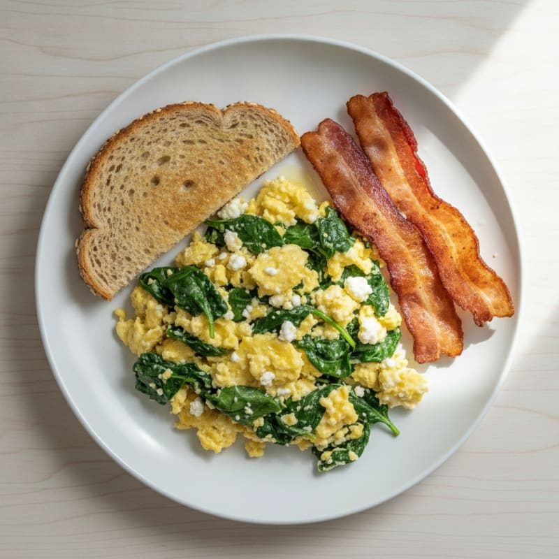 Cottage Cheese Scramble with Spinach and Turkey Bacon
