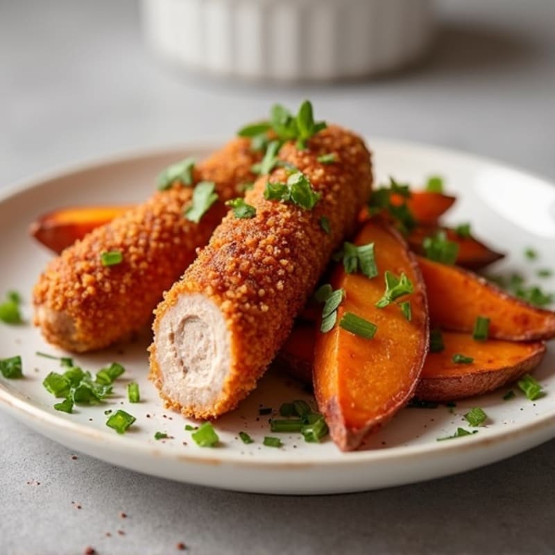 Crispy Cornmeal-Crusted Turkey Sausage with Roasted Sweet Potato Wedges