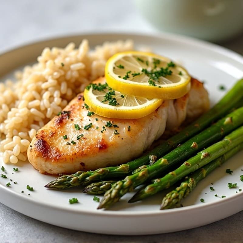 Lemon Garlic Pan-Seared Chicken with Fluffy Brown Rice and Roasted Asparagus