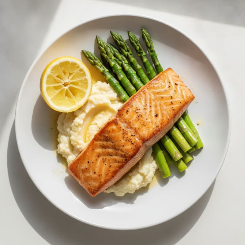 Seared Salmon Fillet with Steamed Asparagus and Garlic Mashed Cauliflower