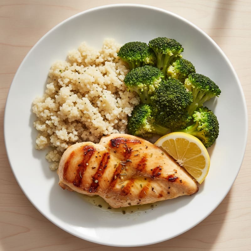 Grilled Chicken Breast with Steamed Broccoli and Quinoa