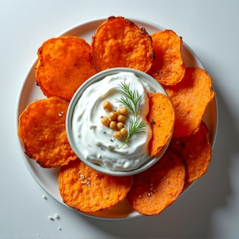 Crispy Baked Sweet Potato Chips with Sea Salt and Protein-Packed Greek Yogurt Dip