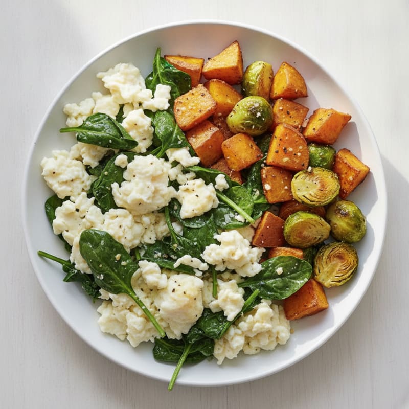 Scrambled Egg Whites with Roasted Sweet Potatoes and Sautéed Spinach