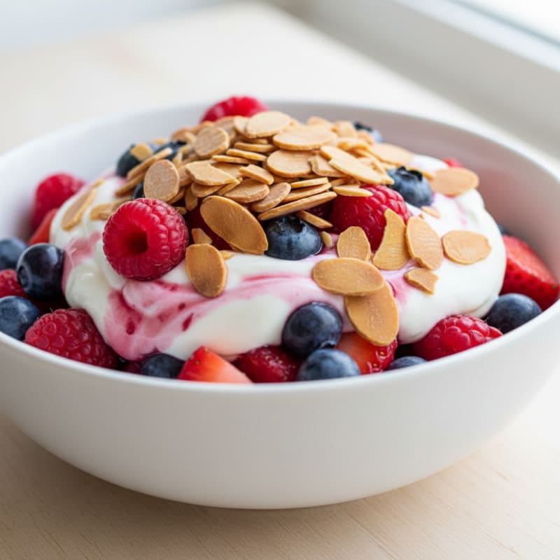 Greek Yogurt Protein Parfait with Mixed Berries and Almonds