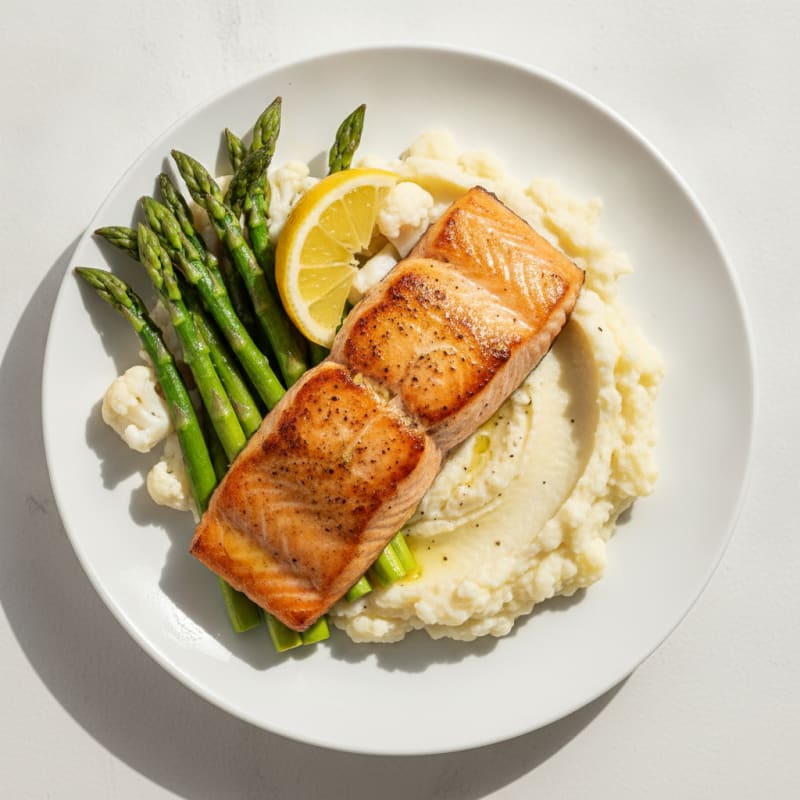 Seared Salmon with Steamed Asparagus and Cauliflower Mash