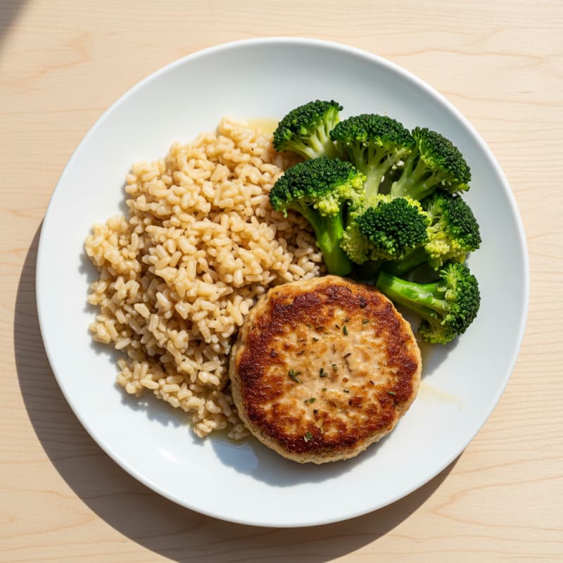 Seared Turkey Patty with Steamed Broccoli and Brown Rice