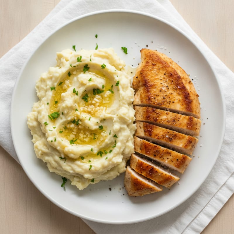 Garlic Parmesan Mashed Potatoes with Pan-Seared Chicken