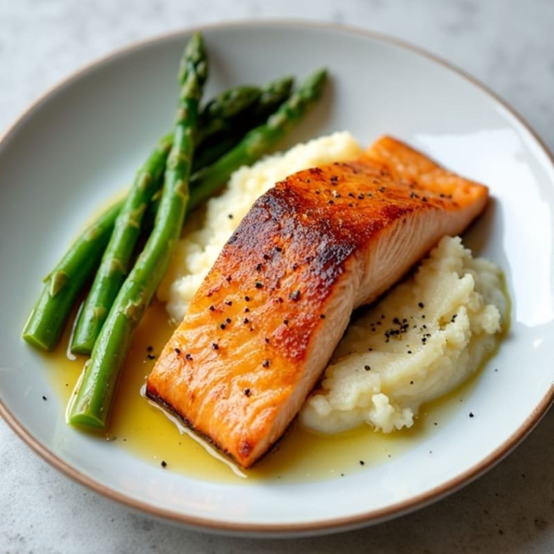 Seared Salmon with Steamed Asparagus and Cauliflower Mash
