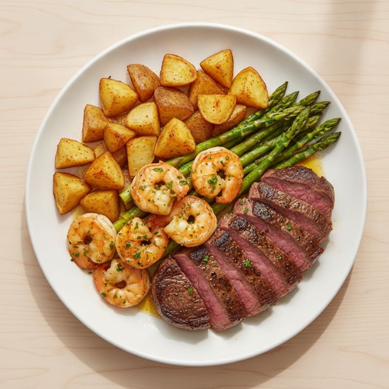 Garlic Shrimp and Steak with Roasted Potatoes