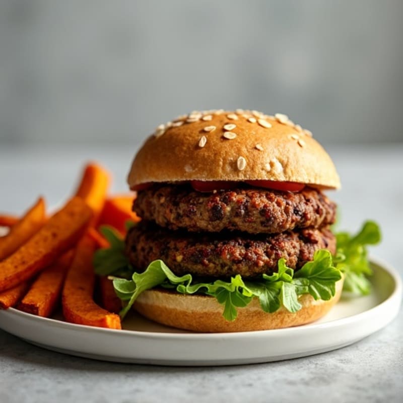 Crispy Black Bean Burgers with Roasted Sweet Potato Fries and Fresh Greens