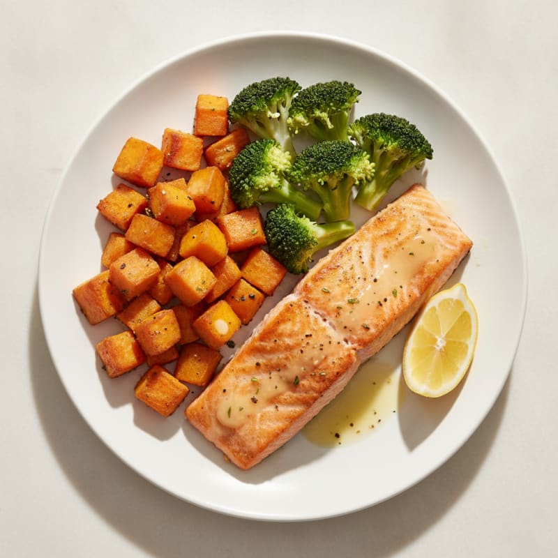 Seared Salmon Fillet with Roasted Sweet Potatoes and Steamed Broccoli