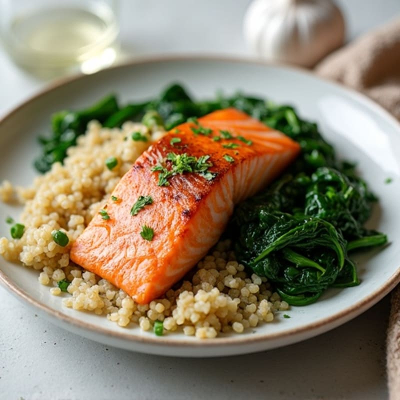 Seared Salmon Fillet with Garlic Sautéed Spinach and Quinoa